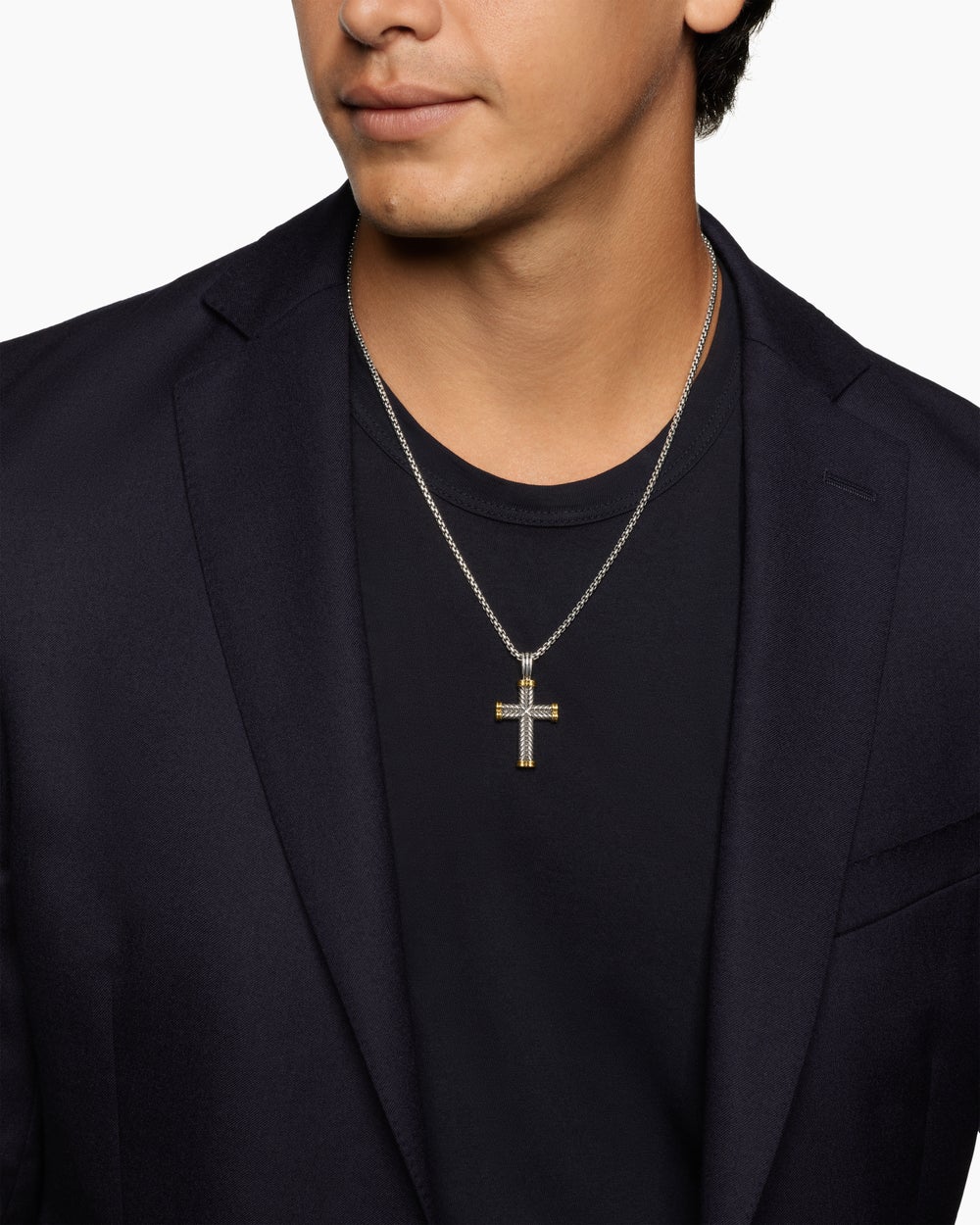 Pendentif avec croix Chevron en argent sterling avec or jaune 18 carats, 33 mm hommes