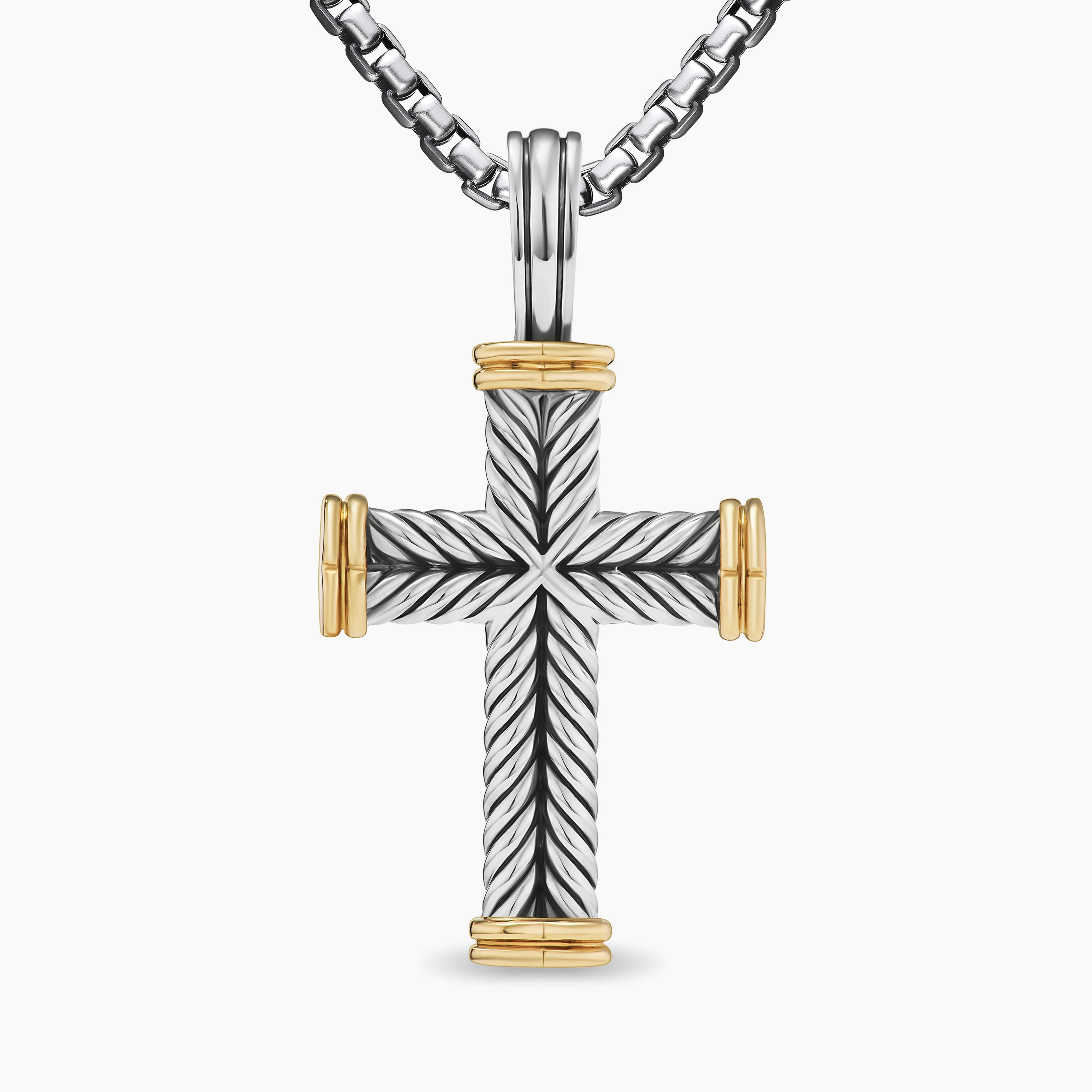 Mens Chevron Cross Pendant in Sterling Silver with 18K Yellow Gold, 33mm