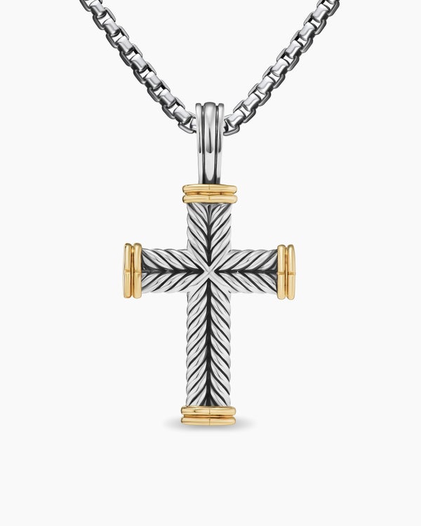 Chevron Cross Pendant in Sterling Silver with 18K Yellow Gold, 33mm