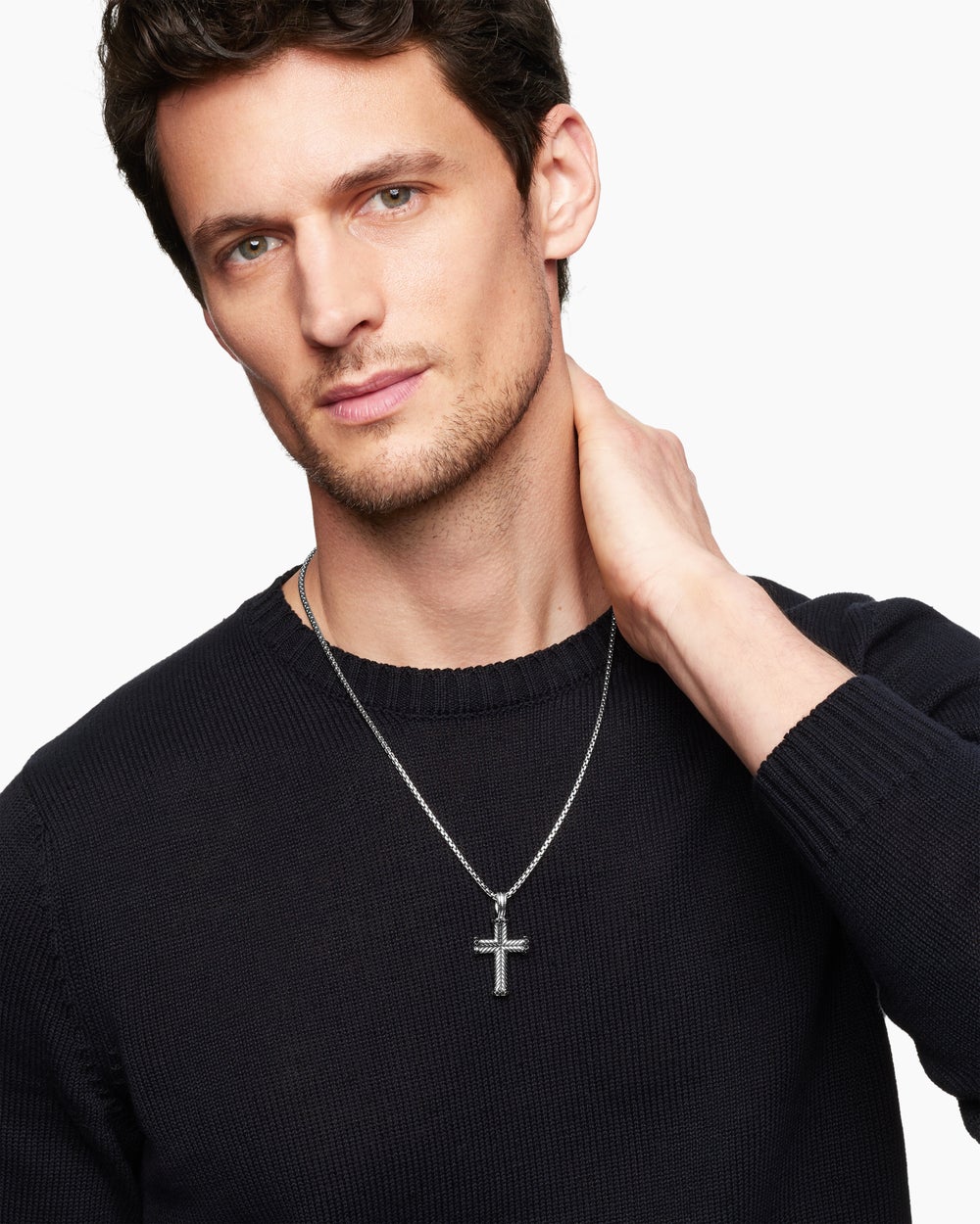Mens Chevron Cross Pendant in Sterling Silver with Black Diamonds, 33mm