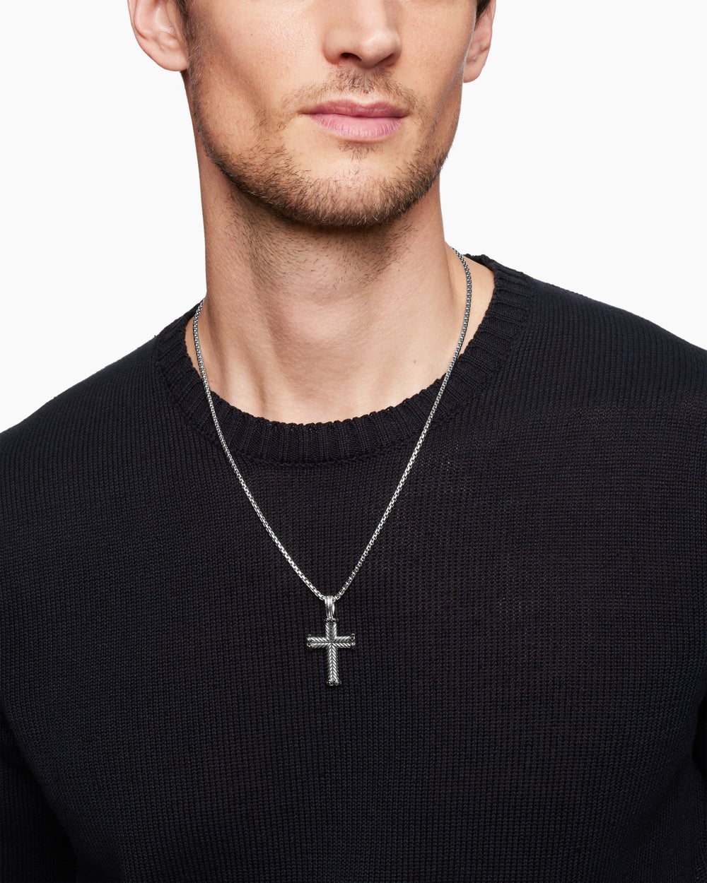 Mens Chevron Cross Pendant in Sterling Silver with Black Diamonds, 33mm
