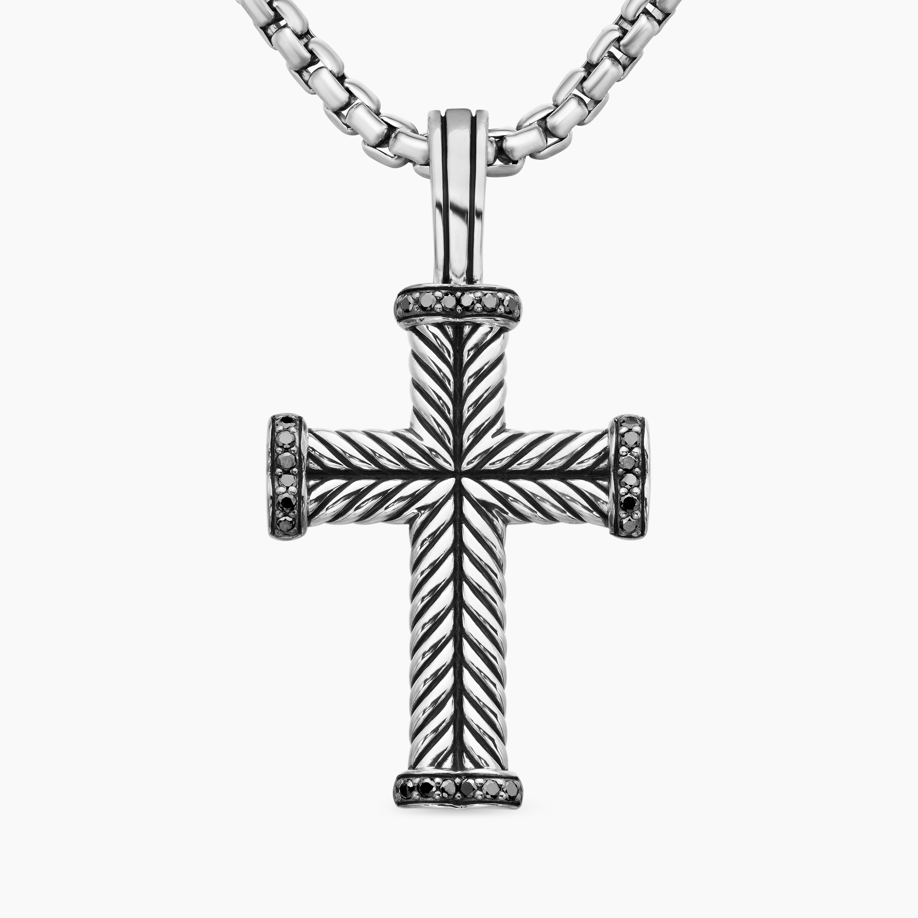 Mens Chevron Cross Pendant in Sterling Silver with Black Diamonds, 33mm