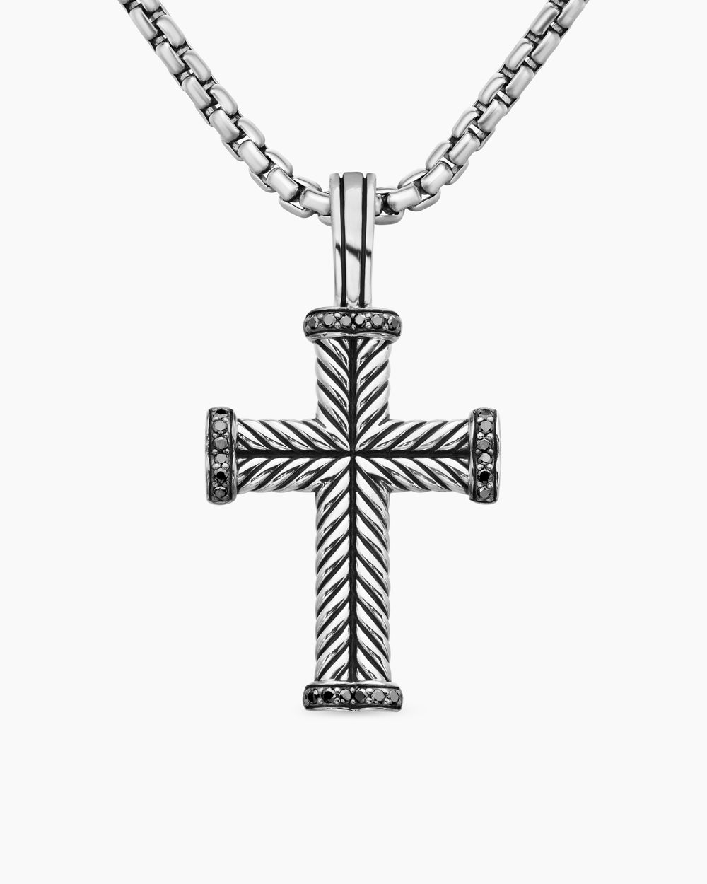Mens Chevron Cross Pendant in Sterling Silver with Black Diamonds, 33mm