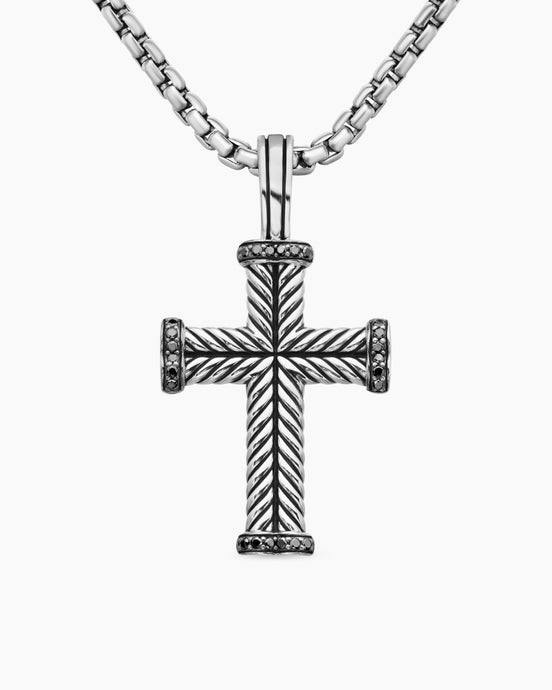 Chevron Cross Pendant in Sterling Silver with Black Diamonds, 33mm