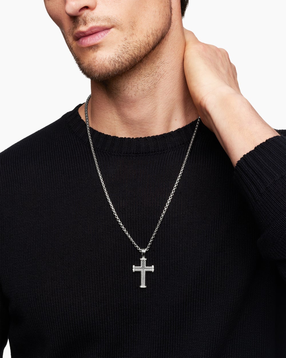 Mens Chevron Cross Pendant in Sterling Silver with Diamonds, 33mm