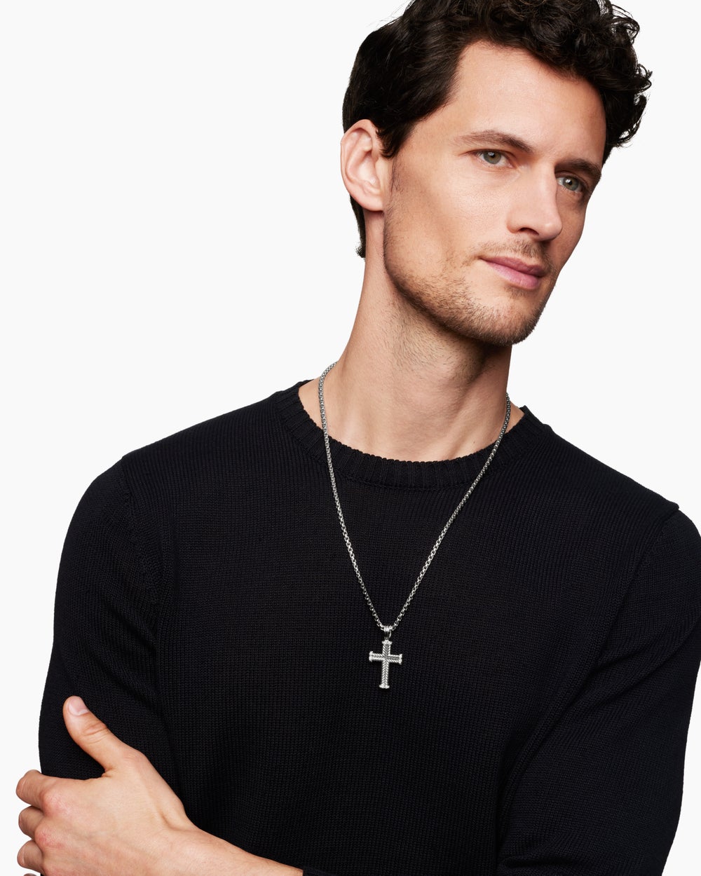 Mens Chevron Cross Pendant in Sterling Silver with Diamonds, 33mm
