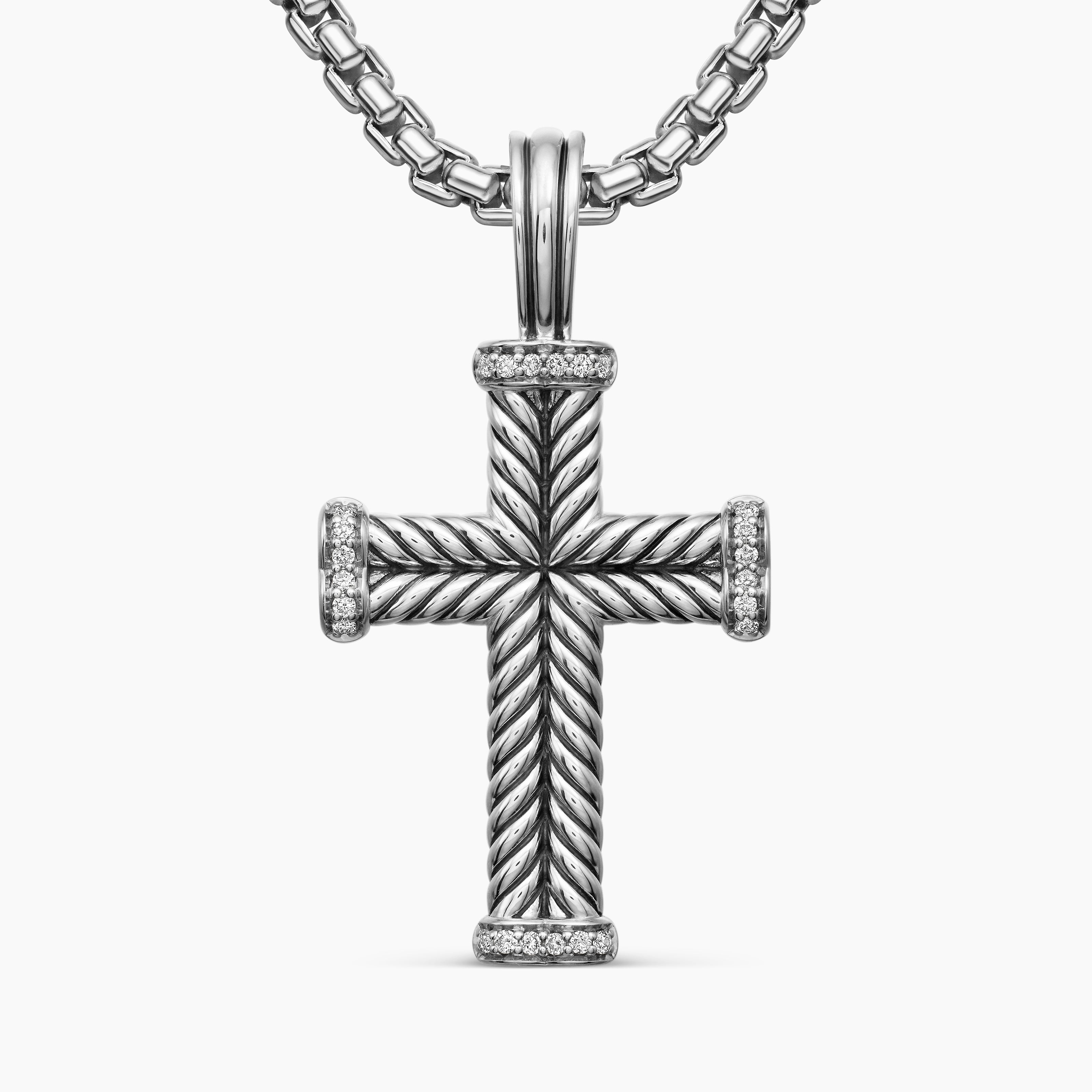 Mens Chevron Cross Pendant in Sterling Silver with Diamonds, 33mm