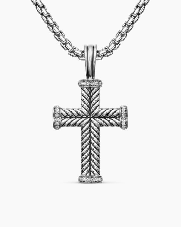 Chevron Cross Pendant in Sterling Silver with Diamonds, 33mm