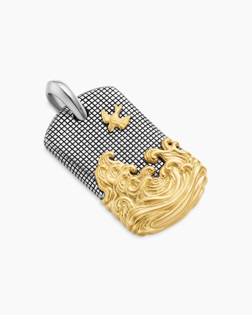 Mens Waves Tag in Sterling Silver with 18K Yellow Gold, 35mm