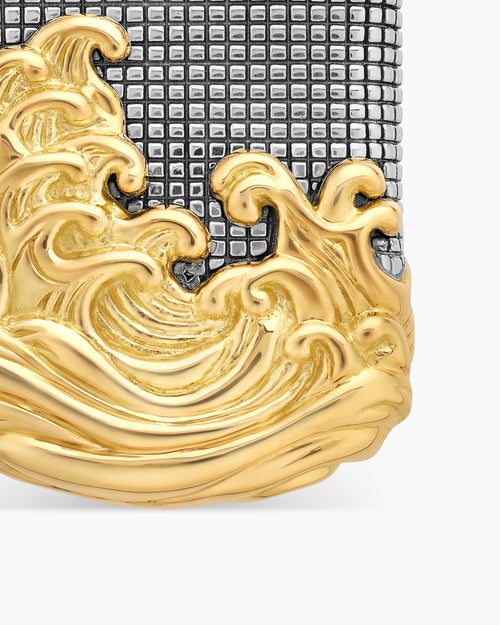 Mens Waves Tag in Sterling Silver with 18K Yellow Gold, 35mm