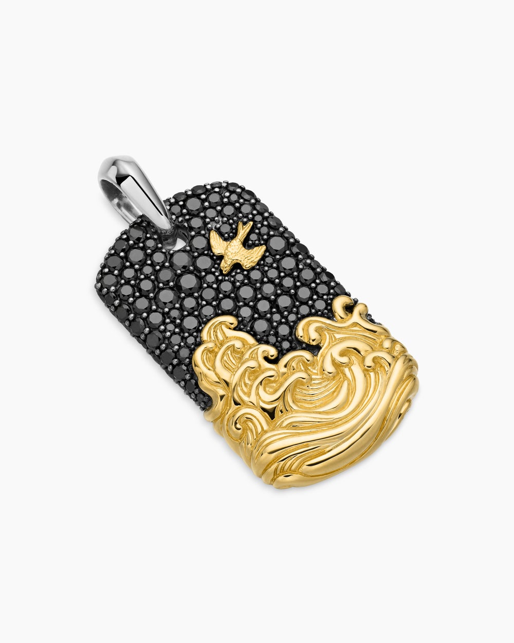Médaille Waves en argent sterling avec or jaune 18 carats et diamants noirs, 35 mm hommes