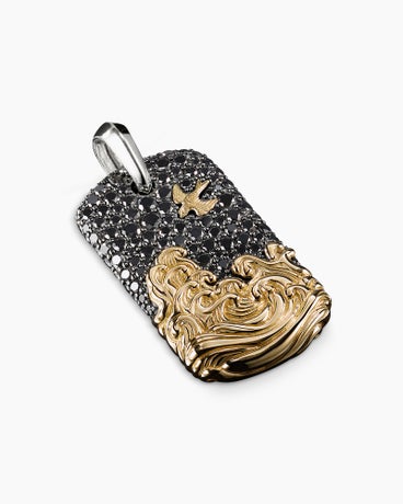 Waves Tag in Sterling Silver with 18K Yellow Gold and Black Diamonds, 39mm