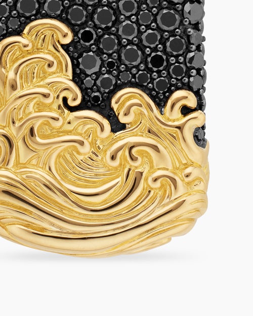 Mens Waves Tag in Sterling Silver with 18K Yellow Gold and Black Diamonds, 35mm