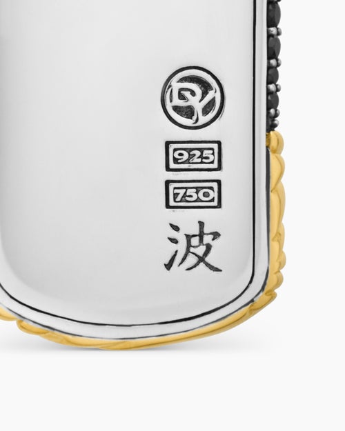 Mens Waves Tag in Sterling Silver with 18K Yellow Gold and Black Diamonds, 35mm