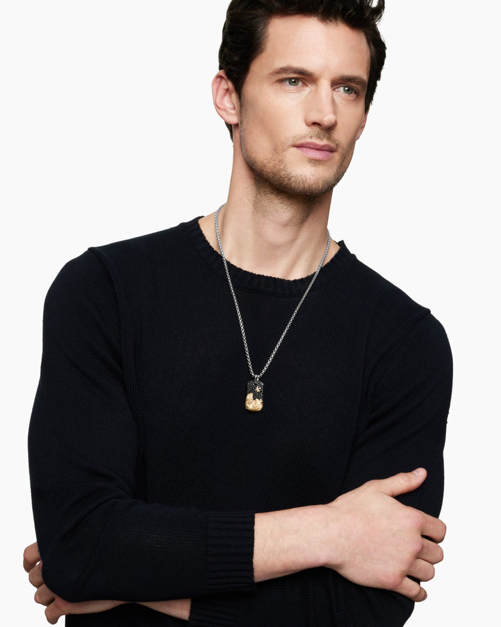 Médaille Waves en argent sterling avec or jaune 18 carats et diamants noirs, 35 mm hommes