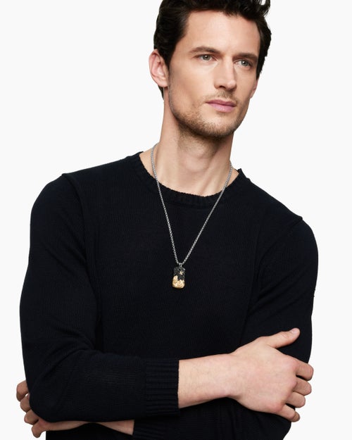 Mens Waves Tag in Sterling Silver with 18K Yellow Gold and Black Diamonds, 35mm