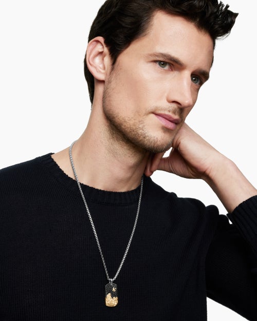 Mens Waves Tag in Sterling Silver with 18K Yellow Gold and Black Diamonds, 35mm