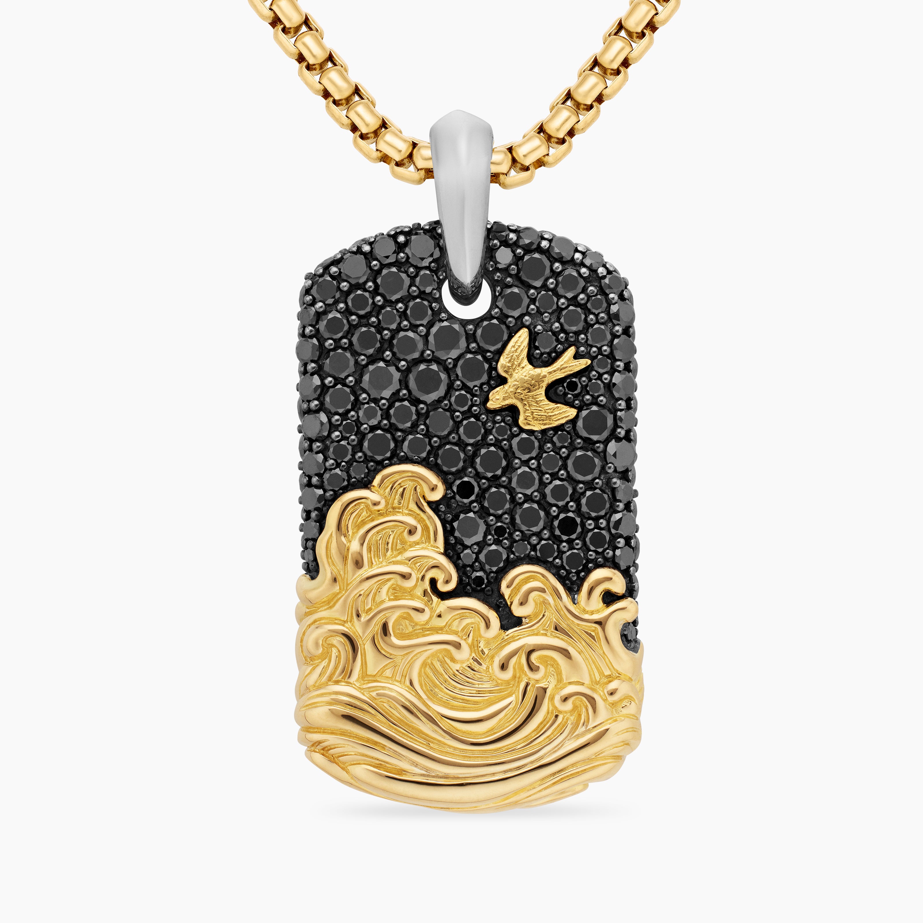 Mens Waves Tag in Sterling Silver with 18K Yellow Gold and Black Diamonds, 35mm