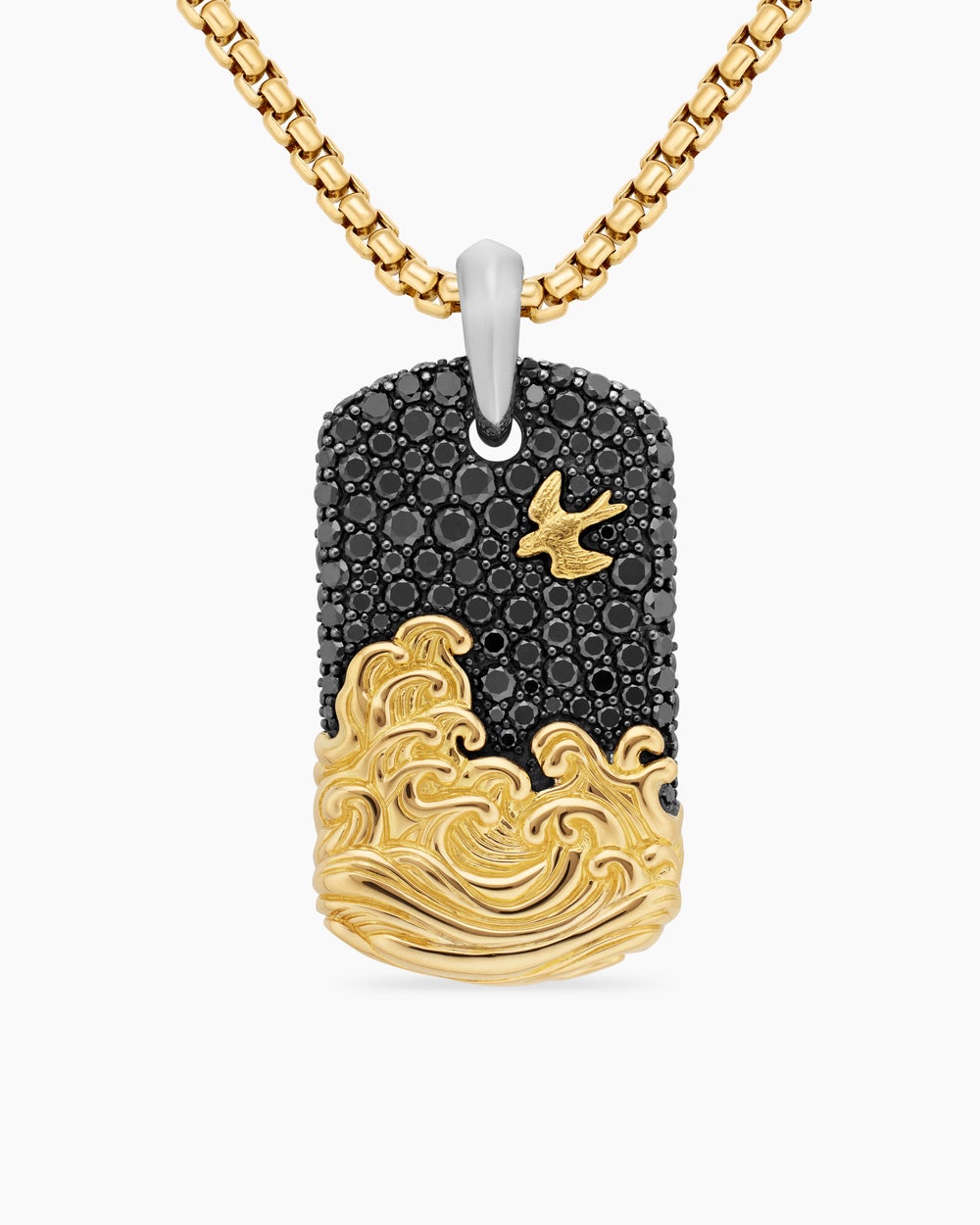 Médaille Waves en argent sterling avec or jaune 18 carats et diamants noirs, 35 mm hommes