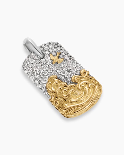 Mens Waves Tag in Sterling Silver with 18K Yellow Gold and Diamonds, 35mm