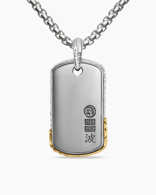 Mens Waves Tag in Sterling Silver with 18K Yellow Gold and Diamonds, 35mm