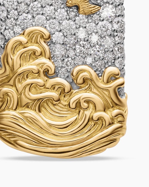 Mens Waves Tag in Sterling Silver with 18K Yellow Gold and Diamonds, 35mm