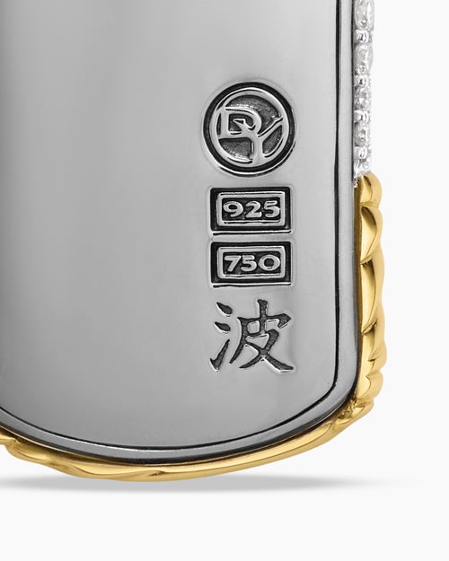 Mens Waves Tag in Sterling Silver with 18K Yellow Gold and Diamonds, 35mm