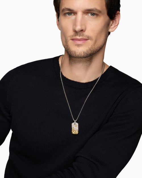 Mens Waves Tag in Sterling Silver with 18K Yellow Gold and Diamonds, 35mm