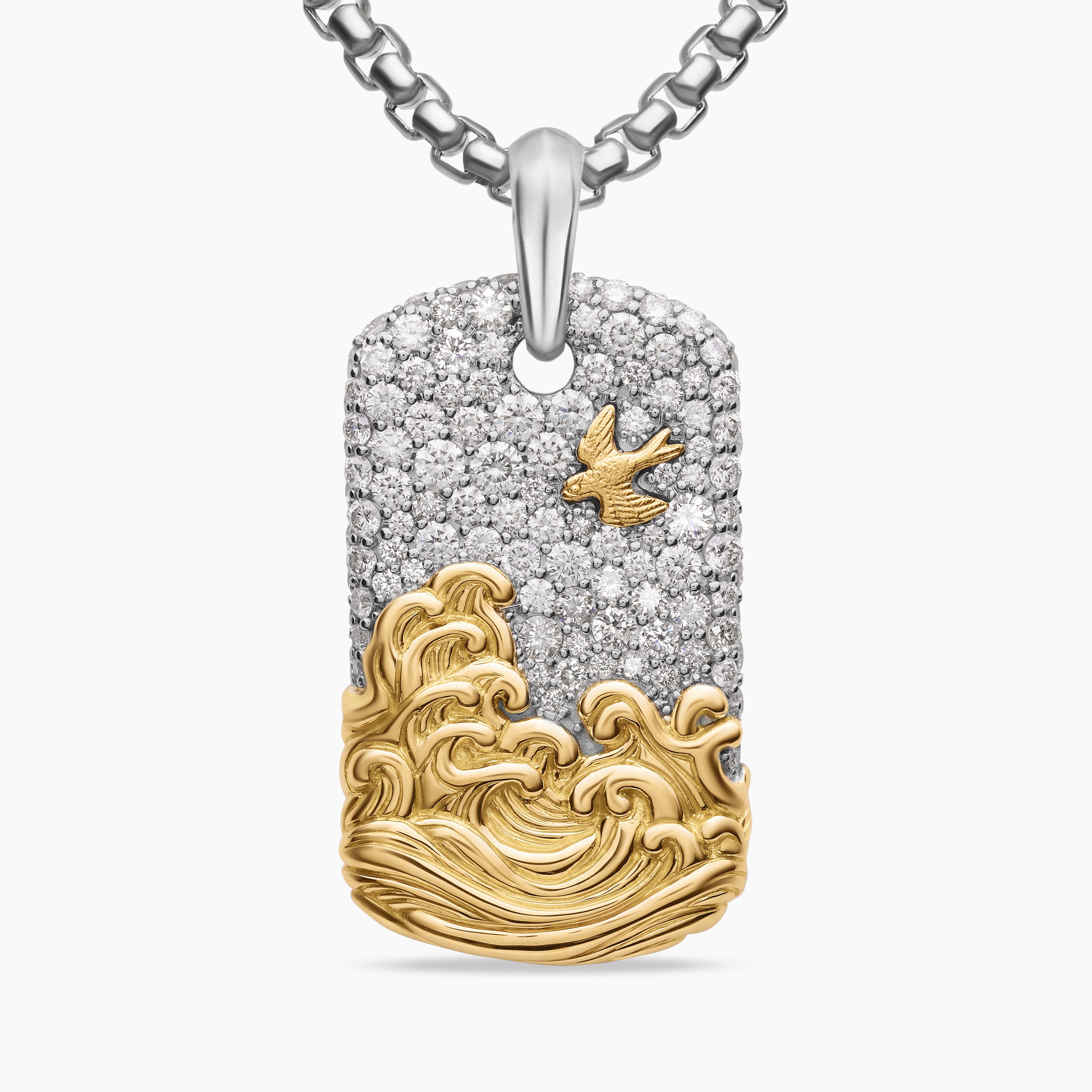 Mens Waves Tag in Sterling Silver with 18K Yellow Gold and Diamonds, 35mm