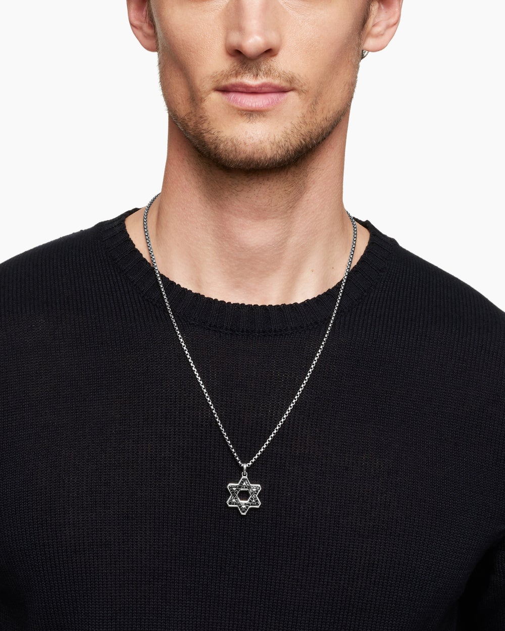 Mens Star of David Pendant in Sterling Silver with Black Diamonds, 25mm
