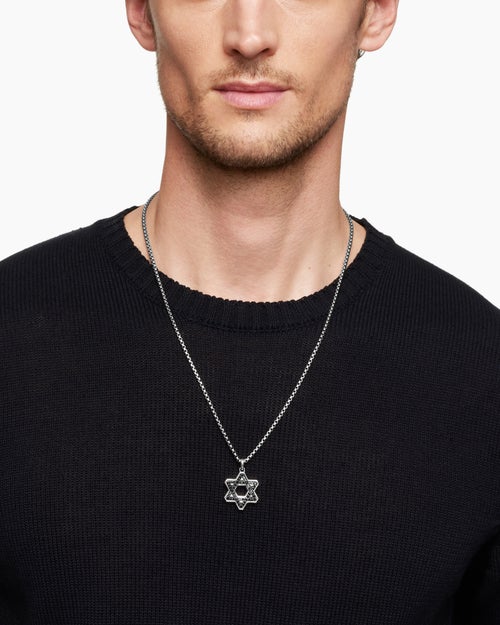 Mens Star of David Pendant in Sterling Silver with Black Diamonds, 25mm