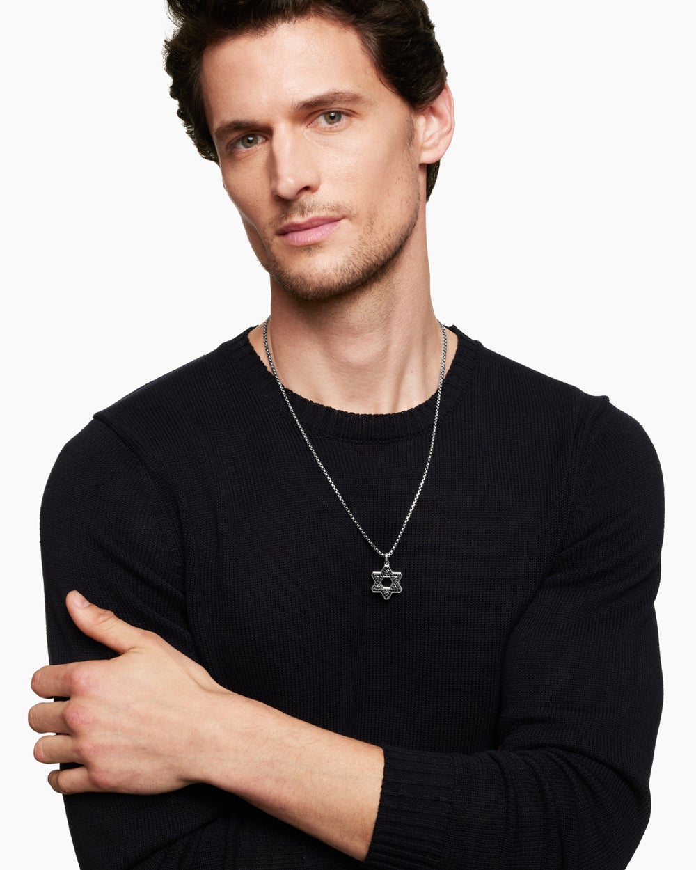 Mens Star of David Pendant in Sterling Silver with Black Diamonds, 25mm