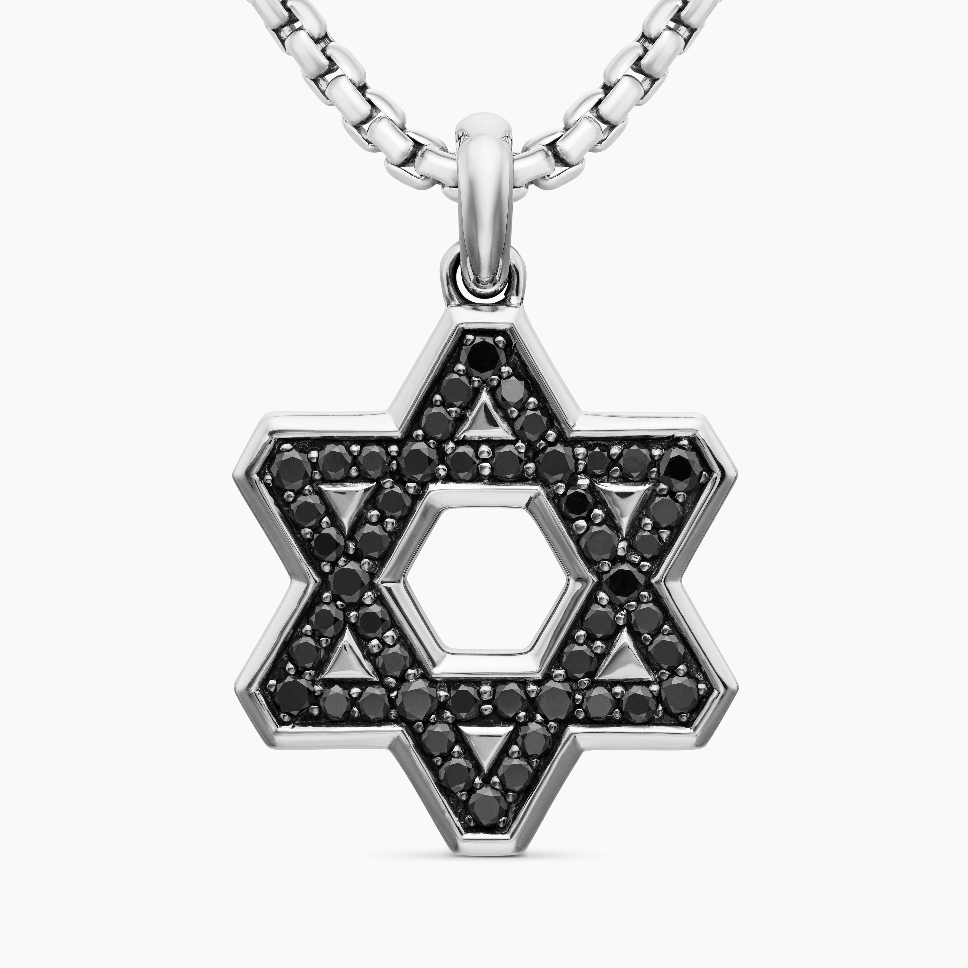 Mens Star of David Pendant in Sterling Silver with Black Diamonds, 25mm