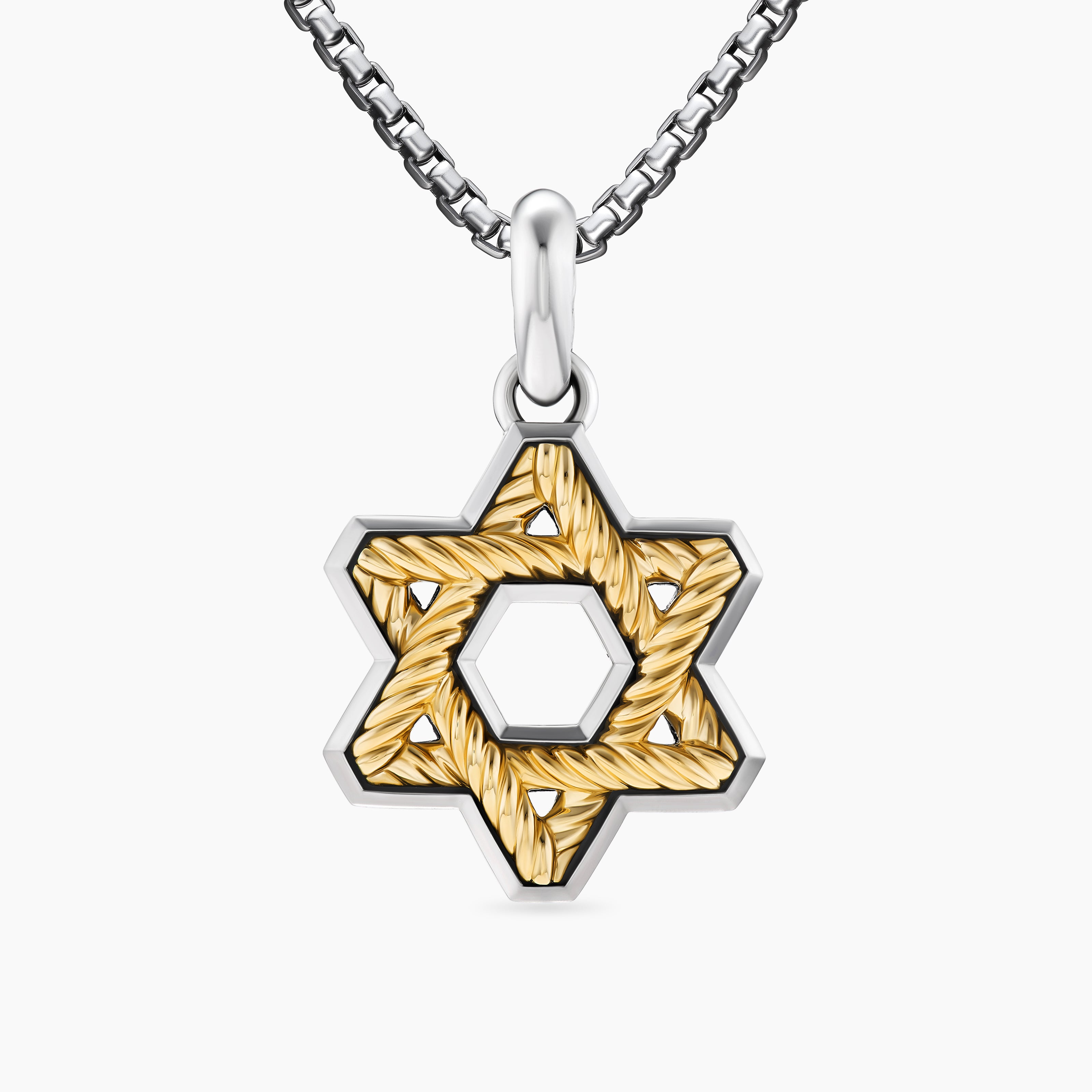 Mens Cable Star of David Amulet in Sterling Silver with 18K Yellow Gold, 19mm