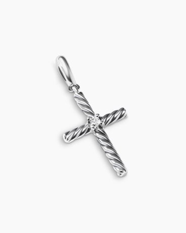 Classic Cable Cross Pendant in Sterling Silver with Centre Diamond, 24mm