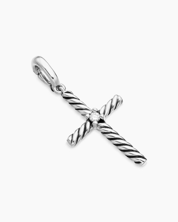 Classic Cable Cross Pendant in Sterling Silver with Center Diamond, 24mm