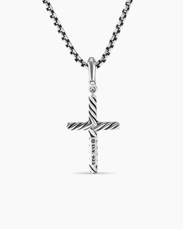 Classic Cable Cross Pendant in Sterling Silver with Center Diamond, 24mm