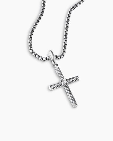 Classic Cable Cross Pendant in Sterling Silver with Centre Diamond, 24mm