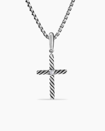 Classic Cable Cross Pendant in Sterling Silver with Center Diamond, 24mm