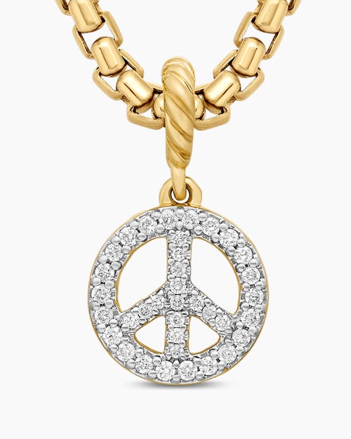 Womens Peace Sign Amulet in 18K Yellow Gold with Diamonds, 11mm