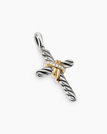 X Cross Pendant in Sterling Silver with 18K Yellow Gold and Diamonds, 32mm