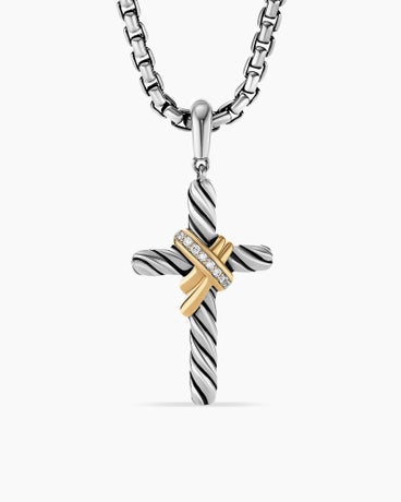 X Cross Pendant in Sterling Silver with 18K Yellow Gold and Diamonds, 32mm