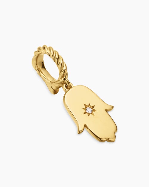 Womens Hamsa Amulet in 18K Yellow Gold with Center Diamond, 15.8mm