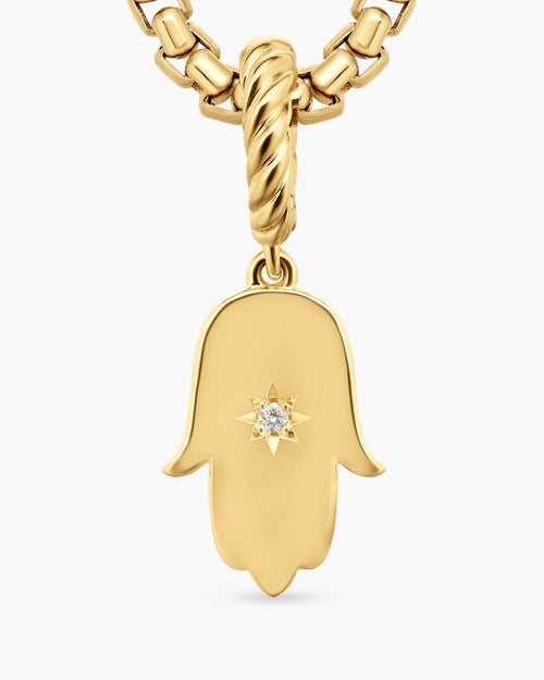 Womens Hamsa Amulet in 18K Yellow Gold with Center Diamond, 15.8mm