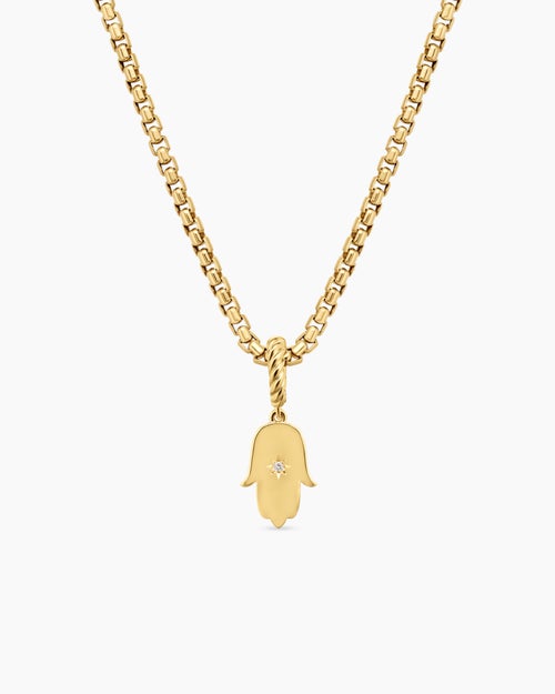 Womens Hamsa Amulet in 18K Yellow Gold with Center Diamond, 15.8mm