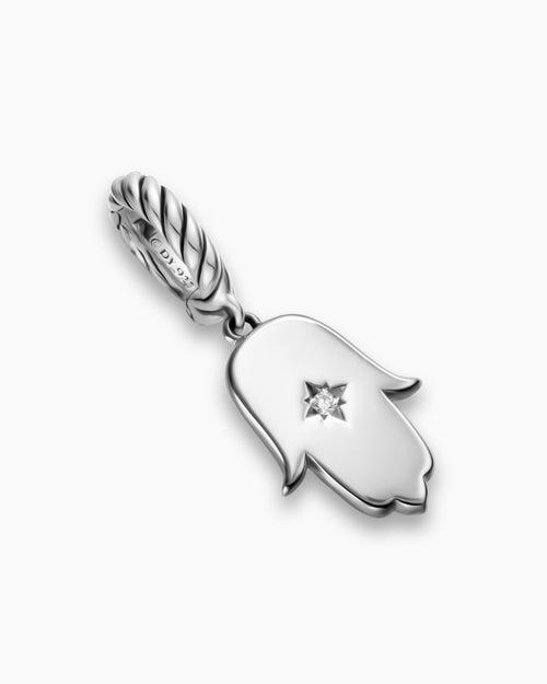 Womens Hamsa Amulet in Sterling Silver with Center Diamond, 15.8mm