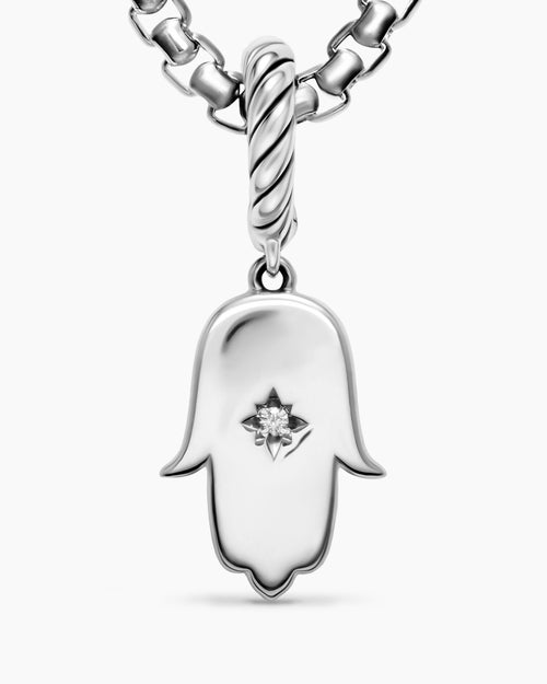 Womens Hamsa Amulet in Sterling Silver with Center Diamond, 15.8mm