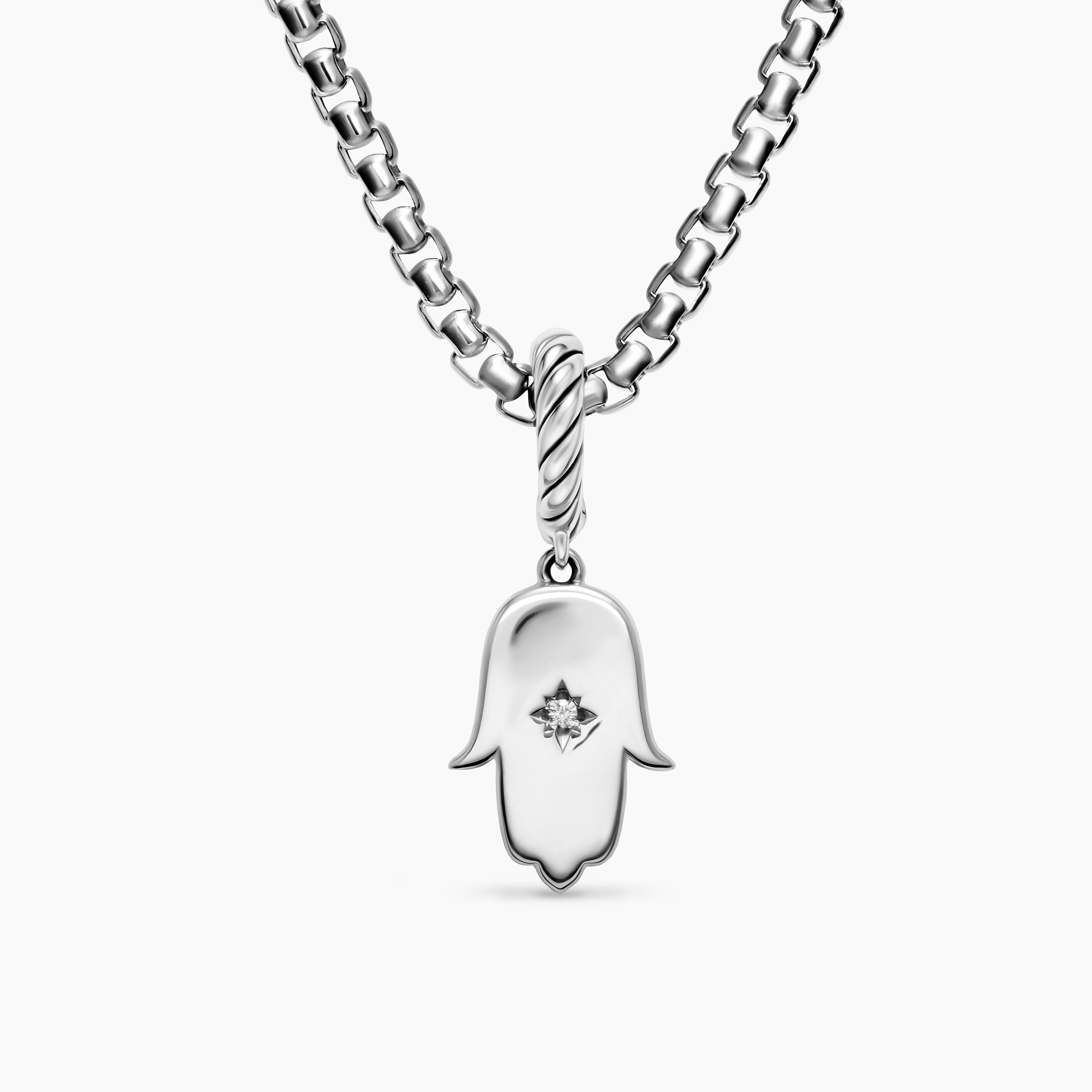 Womens Hamsa Amulet in Sterling Silver with Center Diamond, 15.8mm