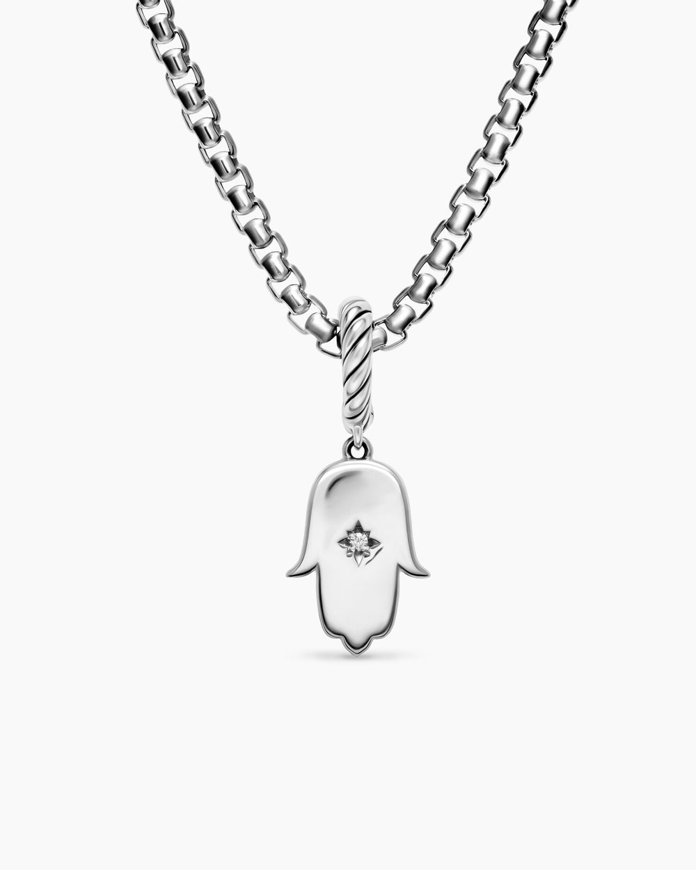 Womens Hamsa Amulet in Sterling Silver with Center Diamond, 15.8mm