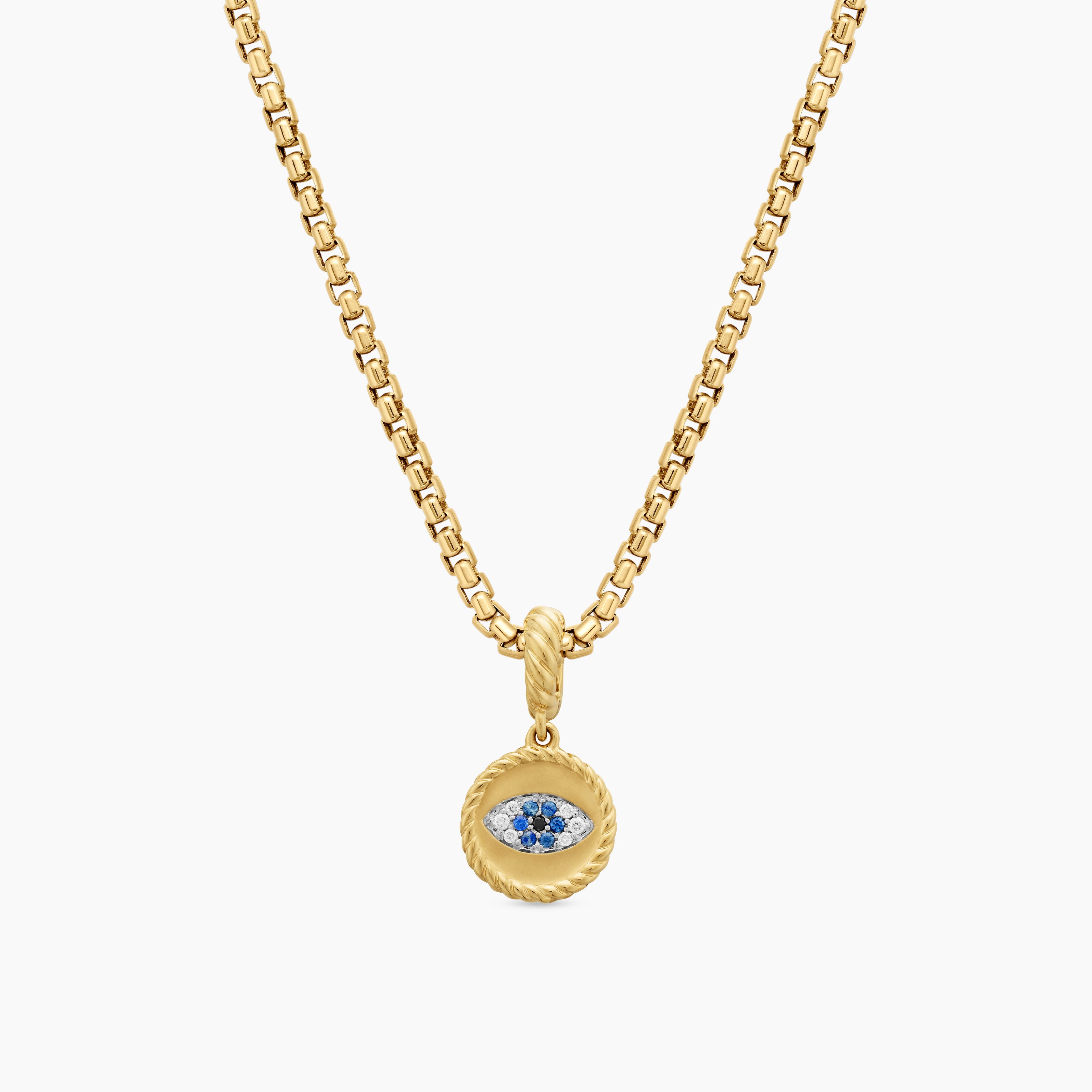 Womens Evil Eye Amulet in 18K Yellow Gold with Pav&eacute; Blue Sapphires and Diamonds, 11mm